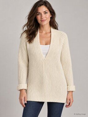 Ann Taylor Ivory Ribbed Shawl Collar Wool Blend Sweater – Small
